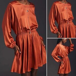 Anthropologie Caballero Orange Long Sleeve Circular Print Mini Dress Size L NWT